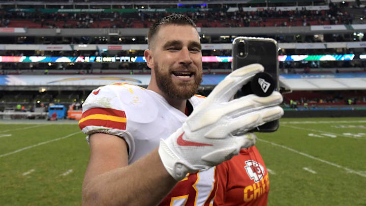 Nov 18, 2019; Mexico City, MEX; Kansas City Chiefs tight end Travis Kelce (87) celebrates after the game against the Los Angeles Chargers during an NFL International Series game at Estadio Azteca. The Chiefs defeated the Chargers 24-17. Mandatory Credit: Kirby Lee-Imagn Images Nov 18, 2019; Mexico City, MEX; Kansas City Chiefs tight end Travis Kelce (87) celebrates after the game against the Los Angeles Chargers during an NFL International Series game at Estadio Azteca. The Chiefs defeated the Chargers 24-17. Mandatory Credit: Kirby Lee-Imagn Images