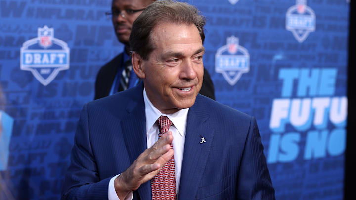 Apr 27, 2017; Philadelphia, PA, USA; Alabama head coach Nick Saban walks on the red carpet before the start of the NFL Draft at Philadelphia Museum of Art. Mandatory Credit: Bill Streicher-Imagn Images