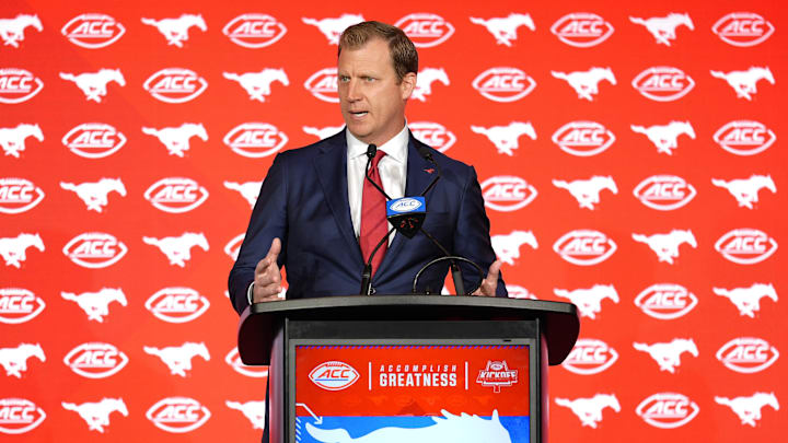 Jul 22, 2025; Charlotte, NC, USA; Southern Methodist head coach Rhett Lashlee answers questions from the media during ACC Media Days at Hilton Charlotte Uptown. Mandatory Credit: Jim Dedmon-Imagn Images
