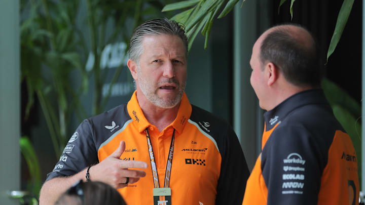 May 1, 2025; Miami Gardens, FL, USA; McLaren CEO Zak Brown looks on from the paddock area at Miami International Autodrome. Mandatory Credit: Sam Navarro-Imagn Images