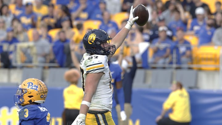 Oct 12, 2024; Pittsburgh, Pennsylvania, USA; California Golden Bears tight end Jack Endries (87) reacts after scoring a touchdown against the Pittsburgh Panthers during the fourth quarter at Acrisure Stadium. Pittsburgh won 17-15.  Mandatory Credit: Charles LeClaire-Imagn Images