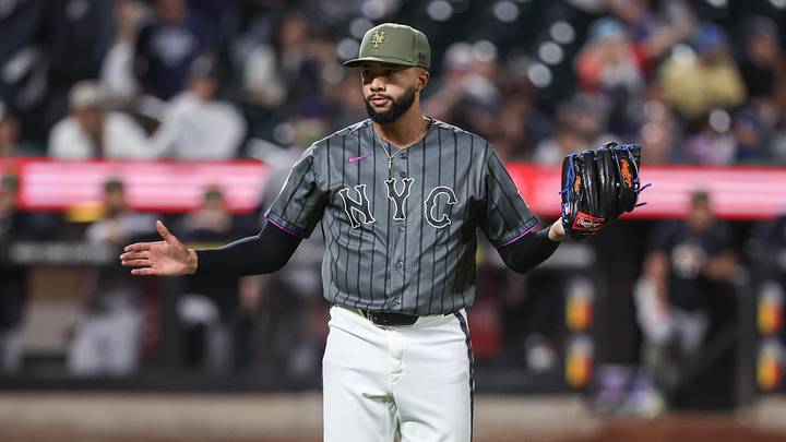May 16, 2026; New York City, New York, USA;  New York Mets relief pitcher Devin Williams (38) reacts after recording a save against the New York Yankees in a victory at Citi Field. Mandatory Credit: Wendell Cruz-Imagn Images