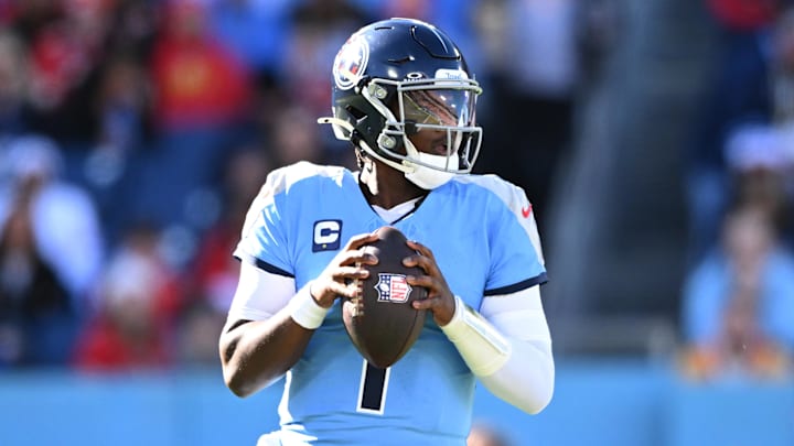 Dec 21, 2025; Nashville, Tennessee, USA; Tennessee Titans quarterback Cam Ward (1) drops to throw during the first half against the Kansas City Chiefs at Nissan Stadium. Mandatory Credit: Steve Roberts-Imagn Images