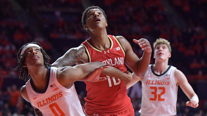 Jan 23, 2025; Champaign, Illinois, USA; Illinois Fighting Illini forward Carey Booth (0) and Maryland Terrapins forward Julian Reese (10) battle for position during the second half at State Farm Center. Mandatory Credit: Ron Johnson-Imagn Images Jan 23, 2025; Champaign, Illinois, USA; Illinois Fighting Illini forward Carey Booth (0) and Maryland Terrapins forward Julian Reese (10) battle for position during the second half at State Farm Center. Mandatory Credit: Ron Johnson-Imagn Images