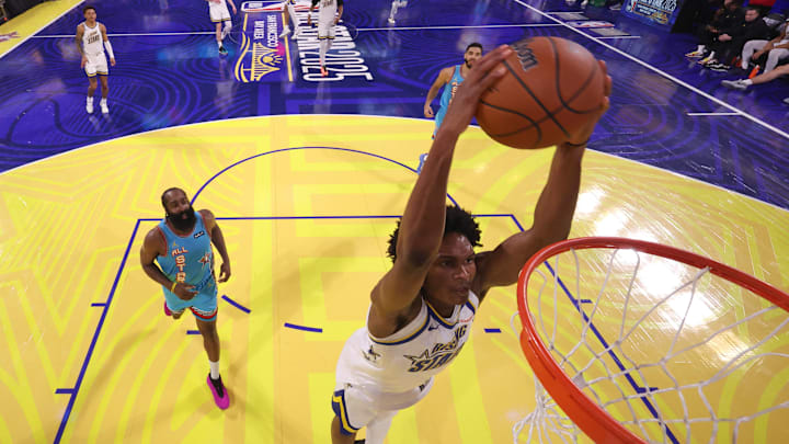 Feb 16, 2025; San Francisco, CA, USA; Candace's Rising Stars guard Amen Thompson (1) of the Houston Rockets shoots against Shaq’s OGs during the 2025 NBA All Star Game at Chase Center. Mandatory Credit: Ezra Shaw-Pool Photo via Imagn Images