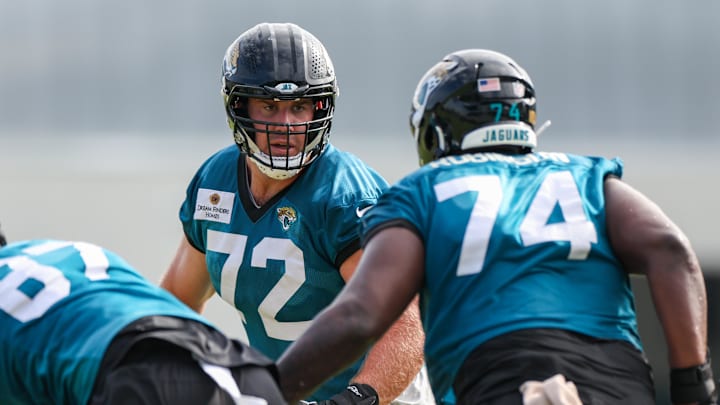 Jul 26, 2024; Jacksonville, FL, USA; Jacksonville Jaguars offensive tackle Walker Little (72) participates in training camp at Miller Electric Center. Mandatory Credit: Nathan Ray Seebeck-Imagn Images