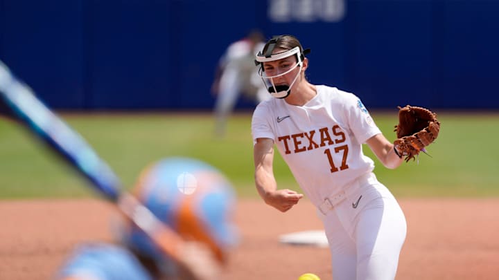 Texas pitcher Teagan Kavan (17) throws a pitch a Women's College World Series softball game between the Tennessee Volunteers and the Texas Longhorns at Devon Park in Oklahoma City, Monday, June 2, 2025. Texas won 2-0. Texas pitcher Teagan Kavan (17) throws a pitch a Women's College World Series softball game between the Tennessee Volunteers and the Texas Longhorns at Devon Park in Oklahoma City, Monday, June 2, 2025. Texas won 2-0.