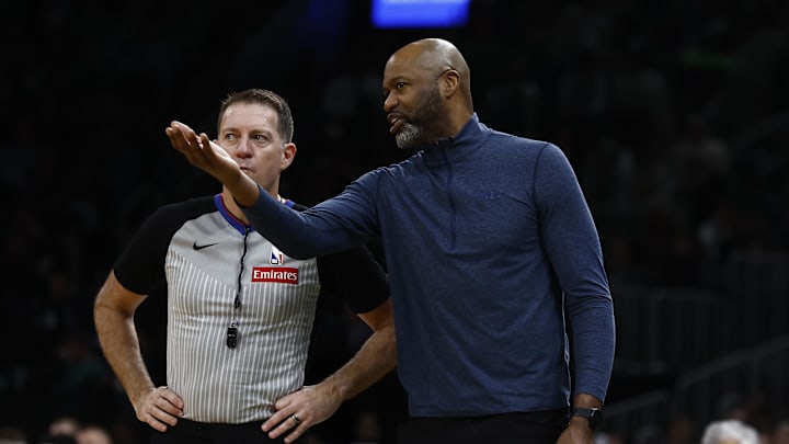 Apr 23, 2025; Boston, Massachusetts, USA; Orlando Magic head coach Jamahl Mosley talks with referee Brent Barnaky (36) during the second half of game two of the first round of the 2024 NBA Playoffs against the Boston Celtics at TD Garden. Mandatory Credit: Winslow Townson-Imagn Images Apr 23, 2025; Boston, Massachusetts, USA; Orlando Magic head coach Jamahl Mosley talks with referee Brent Barnaky (36) during the second half of game two of the first round of the 2024 NBA Playoffs against the Boston Celtics at TD Garden. Mandatory Credit: Winslow Townson-Imagn Images