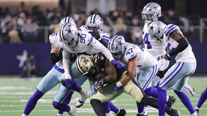 Dallas Cowboys linebacker Tyrus Wheat (90) and linebacker Langston Patterson (47) tackle New Orleans Saints running back Zamir White (33) during the third quarter at AT&T Stadium. Mandatory Credit: Kevin Jairaj-Imagn Images Dallas Cowboys linebacker Tyrus Wheat (90) and linebacker Langston Patterson (47) tackle New Orleans Saints running back Zamir White (33) during the third quarter at AT&T Stadium. Mandatory Credit: Kevin Jairaj-Imagn Images