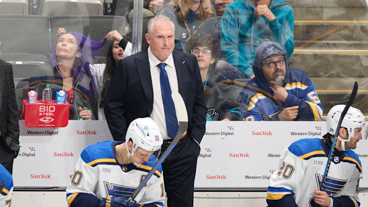Nov 16, 2023; San Jose, California, USA; St. Louis Blues head coach Craig Berube watches the game
