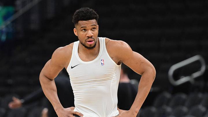 Apr 3, 2026; Milwaukee, Wisconsin, USA;  Milwaukee Bucks forward Giannis Antetokounmpo (34) warms up before the game against the Boston Celtics at Fiserv Forum. Mandatory Credit: Benny Sieu-Imagn Images