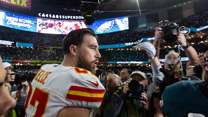 Feb 9, 2025; New Orleans, LA, USA; Kansas City Chiefs tight end Travis Kelce (87) following the game against the Philadelphia Eagles in Super Bowl LIX at Ceasars Superdome. Mandatory Credit: Mark J. Rebilas-Imagn Images Feb 9, 2025; New Orleans, LA, USA; Kansas City Chiefs tight end Travis Kelce (87) following the game against the Philadelphia Eagles in Super Bowl LIX at Ceasars Superdome. Mandatory Credit: Mark J. Rebilas-Imagn Images