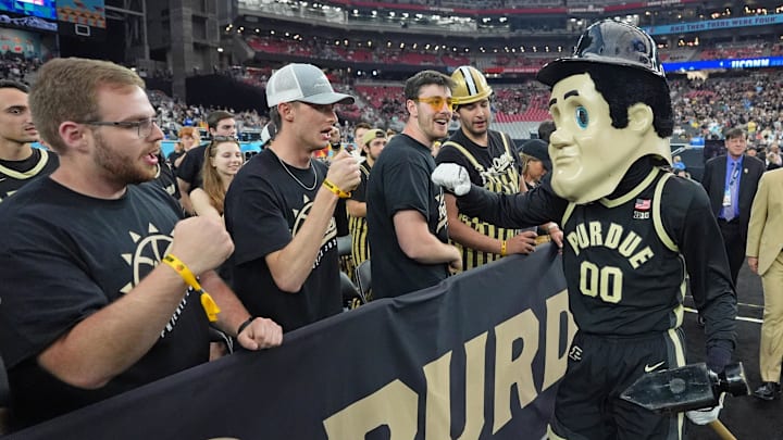 Purdue Pete greets fans before the national championship game of the Final Four