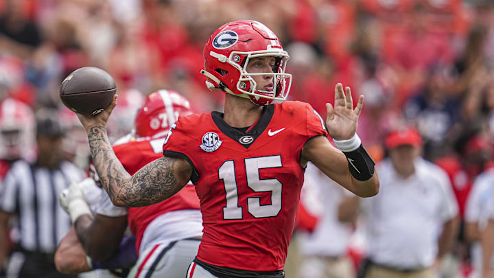 Sep 7, 2024; Athens, Georgia, USA; Georgia Bulldogs quarterback Carson Beck (15) passes the ball against the Tennessee Tech Golden Eagles during the second half at Sanford Stadium. Mandatory Credit: Dale Zanine-Imagn Images Sep 7, 2024; Athens, Georgia, USA; Georgia Bulldogs quarterback Carson Beck (15) passes the ball against the Tennessee Tech Golden Eagles during the second half at Sanford Stadium. Mandatory Credit: Dale Zanine-Imagn Images