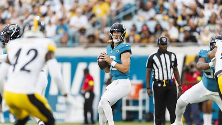 Aug 9, 2025; Jacksonville, Florida, USA; Jacksonville Jaguars quarterback Trevor Lawrence (16) against the Pittsburgh Steelers during the first quarter at EverBank Stadium. Mandatory Credit: Morgan Tencza-Imagn Images Aug 9, 2025; Jacksonville, Florida, USA; Jacksonville Jaguars quarterback Trevor Lawrence (16) against the Pittsburgh Steelers during the first quarter at EverBank Stadium. Mandatory Credit: Morgan Tencza-Imagn Images