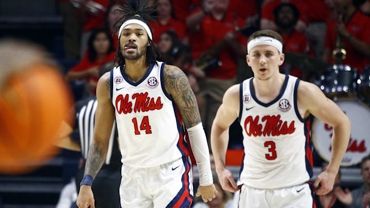 Jan 11, 2025; Oxford, Mississippi, USA; Mississippi Rebels guard Dre Davis (14) reacts after a basket during the second half against the LSU Tigers at The Sandy and John Black Pavilion at Ole Miss. Mandatory Credit: Petre Thomas-Imagn Images Jan 11, 2025; Oxford, Mississippi, USA; Mississippi Rebels guard Dre Davis (14) reacts after a basket during the second half against the LSU Tigers at The Sandy and John Black Pavilion at Ole Miss. Mandatory Credit: Petre Thomas-Imagn Images