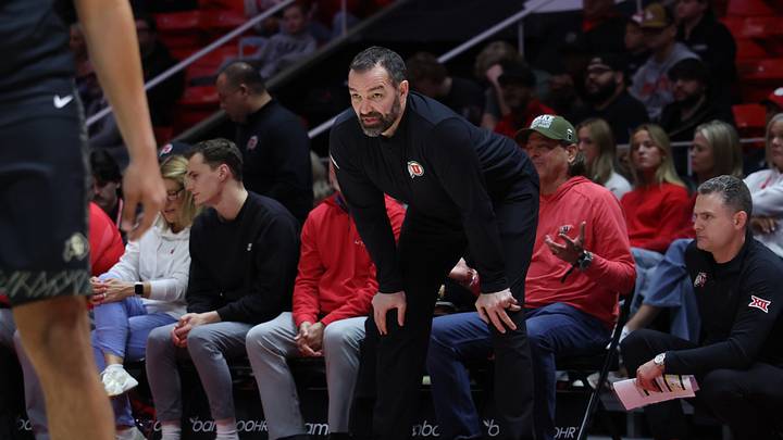 Mar 3, 2026; Salt Lake City, Utah, USA; Utah Utes head coach Alex Jensen looks on against the Colorado Buffaloes during the first half at Jon M. Huntsman Center. Mandatory Credit: Rob Gray-Imagn Images