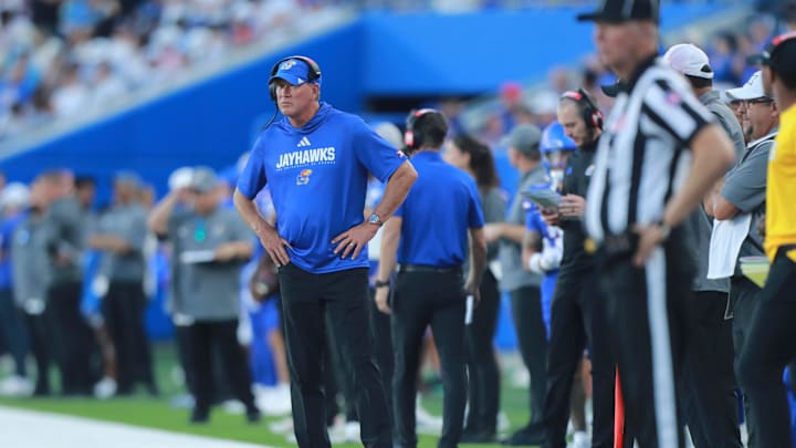 Kansas Jayhawks head coach Lance Leipold watches his players during the game between Fresno State and Kansas at David Booth Kansas Memorial Stadium on Aug. 23, 2025.