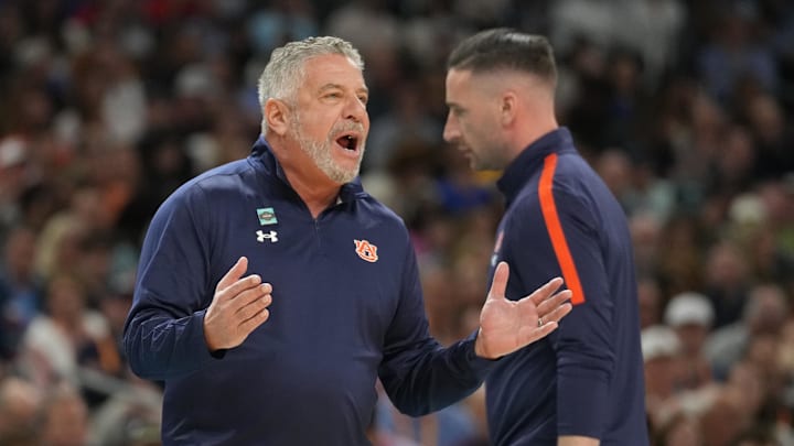 Apr 5, 2025; San Antonio, TX, USA; Auburn Tigers head coach Bruce Pearl reacts against the Florida Gators  in the semifinals of the men's Final Four of the 2025 NCAA Tournament at the Alamodome. Mandatory Credit: Robert Deutsch-Imagn Images