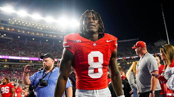 Ohio State Buckeyes linebacker Arvell Reese (8) leaves the field following the NCAA football game against the Ohio Bobcats at Ohio Stadium on Sept. 13, 2025. Ohio State won 37-9.