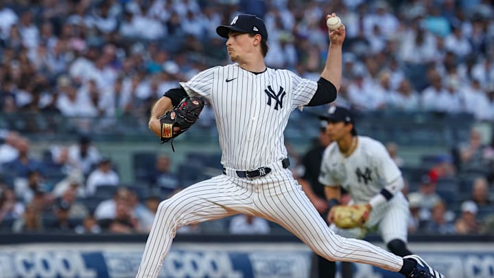 Bronx, New York, USA; New York Yankees starting pitcher Max Fried (54) delivers a pitch during the first inning against the Tampa Bay Rays during the first inning at Yankee Stadium.