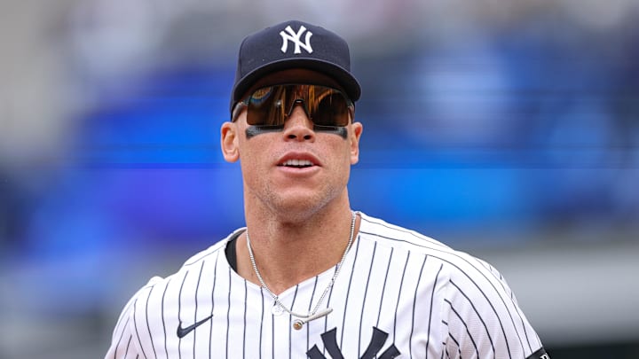 Apr 27, 2025; Bronx, New York, USA; New York Yankees right fielder Aaron Judge (99) runs off the field during the fifth inning against the Toronto Blue Jays at Yankee Stadium. Mandatory Credit: Vincent Carchietta-Imagn Images