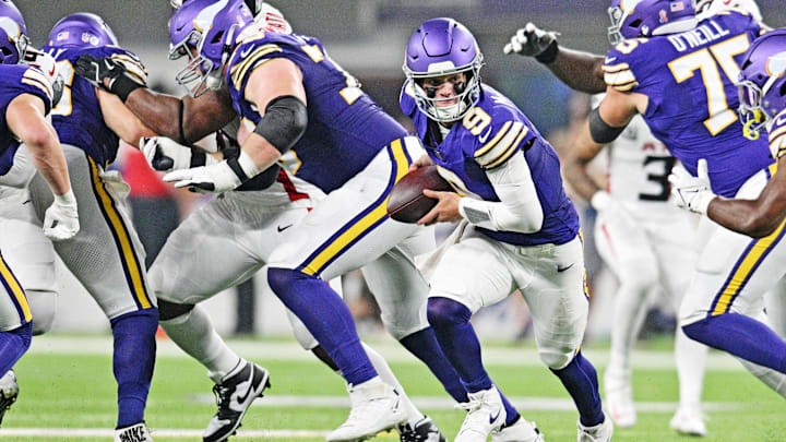 Sep 14, 2025; Minneapolis, Minnesota, USA; Minnesota Vikings quarterback J.J. McCarthy (9) runs the ball during the first half against the Atlanta Falcons at U.S. Bank Stadium. Mandatory Credit: Jeffrey Becker-Imagn Images