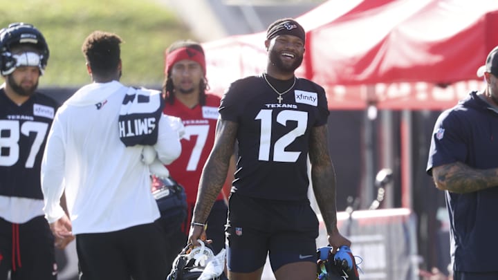 Jul 23, 2025; Houston, TX, USA;  Houston Texans wide receiver Nico Collins (12) during training camp at Houston Methodist Training Center. Mandatory Credit: Troy Taormina-Imagn Images