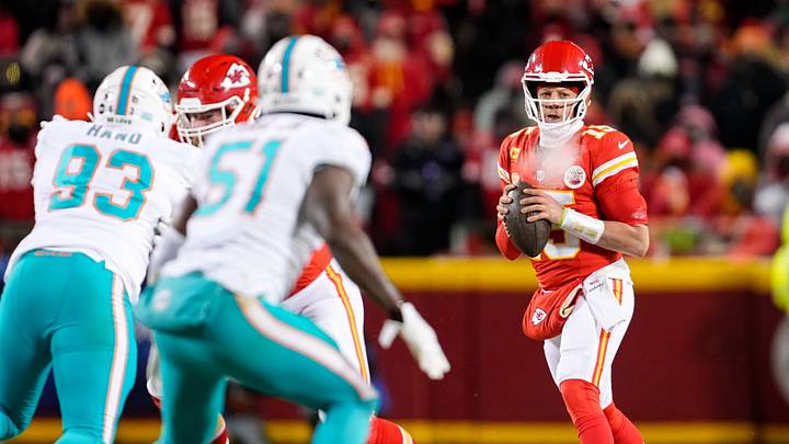 Kansas City Chiefs quarterback Patrick Mahomes (15) against the Miami Dolphins during the second half of a 2023 AFC wild card game at GEHA Field at Arrowhead Stadium. Kansas City Chiefs quarterback Patrick Mahomes (15) against the Miami Dolphins during the second half of a 2023 AFC wild card game at GEHA Field at Arrowhead Stadium.