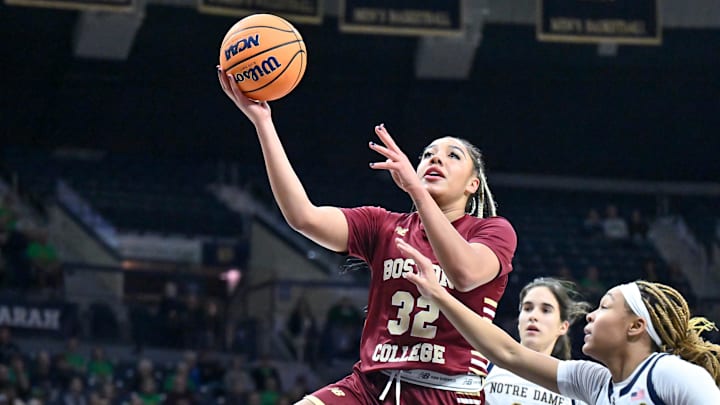Jan 11, 2024; South Bend, Indiana; Boston College Eagles forward Teya Sidberry (32) goes up for a shot against Notre Dame Fighting Irish guard Hannah Hidalgo (3) in the first half at the Purcell Pavilion.