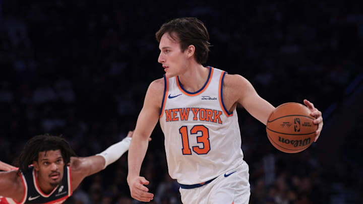 Oct 13, 2025; New York, New York, USA; New York Knicks guard Tyler Kolek (13) dribbles in front of Washington Wizards forward Dillon Jones (33) during the first half at Madison Square Garden. Mandatory Credit: Vincent Carchietta-Imagn Images Oct 13, 2025; New York, New York, USA; New York Knicks guard Tyler Kolek (13) dribbles in front of Washington Wizards forward Dillon Jones (33) during the first half at Madison Square Garden. Mandatory Credit: Vincent Carchietta-Imagn Images