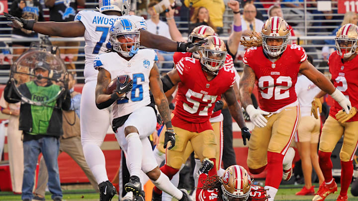 Jan 28, 2024; Santa Clara, California, USA; Detroit Lions running back Jahmyr Gibbs (26) celebrates after scoring a touchdown San Francisco 49ers during the first half of the NFC Championship football game at Levi's Stadium. Mandatory Credit: Kelley L Cox-Imagn Images Jan 28, 2024; Santa Clara, California, USA; Detroit Lions running back Jahmyr Gibbs (26) celebrates after scoring a touchdown San Francisco 49ers during the first half of the NFC Championship football game at Levi's Stadium. Mandatory Credit: Kelley L Cox-Imagn Images