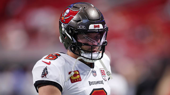 Sep 7, 2025; Atlanta, Georgia, USA; Tampa Bay Buccaneers quarterback Baker Mayfield (6) during warmups before the game against the Atlanta Falcons at Mercedes-Benz Stadium. Mandatory Credit: Brett Davis-Imagn Images