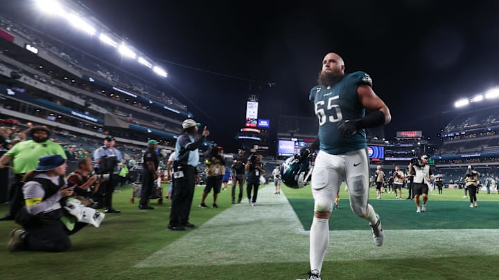 Sep 4, 2025; Philadelphia, Pennsylvania, USA; Philadelphia Eagles offensive tackle Lane Johnson (65) runs off the field after the game against the Dallas Cowboys at Lincoln Financial Field. Mandatory Credit: Bill Streicher-Imagn Images