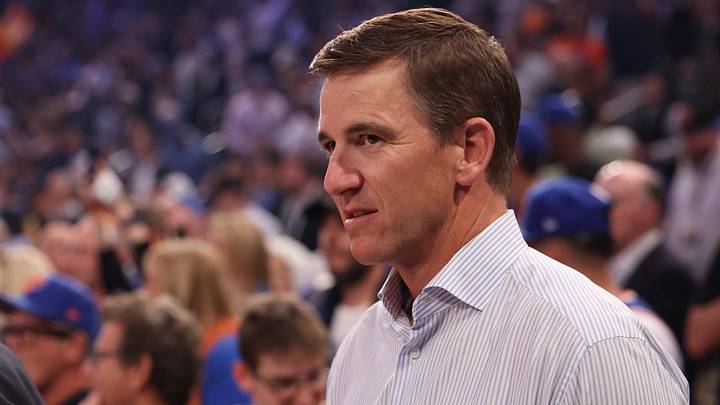 Jun 8, 2026; New York, New York, USA; Two time Super Bowl MVP and former New York Giants quarterback Eli Manning stands courtside prior to the game between the New York Knicks and San Antonio Spurs in game three of the 2026 NBA Finals at Madison Square Garden. Jun 8, 2026; New York, New York, USA; Two time Super Bowl MVP and former New York Giants quarterback Eli Manning stands courtside prior to the game between the New York Knicks and San Antonio Spurs in game three of the 2026 NBA Finals at Madison Square Garden.