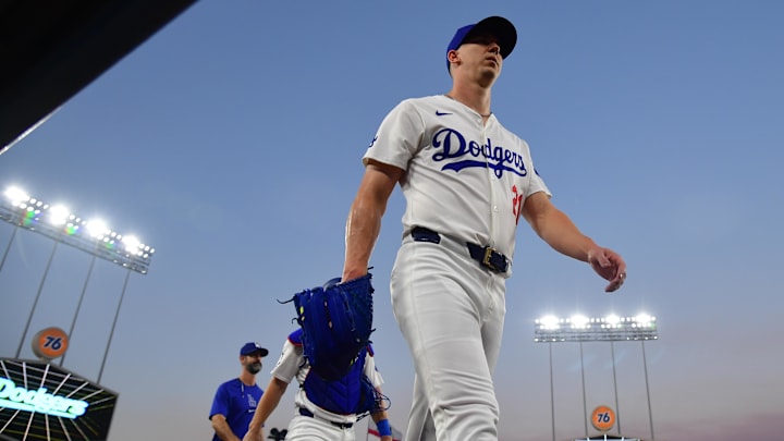 Sep 9, 2024; Los Angeles, California, USA; Los Angeles Dodgers pitcher Walker Buehler (21) before starting against the Chicago Cubs at Dodger Stadium. Mandatory Credit: Gary A. Vasquez-Imagn Images