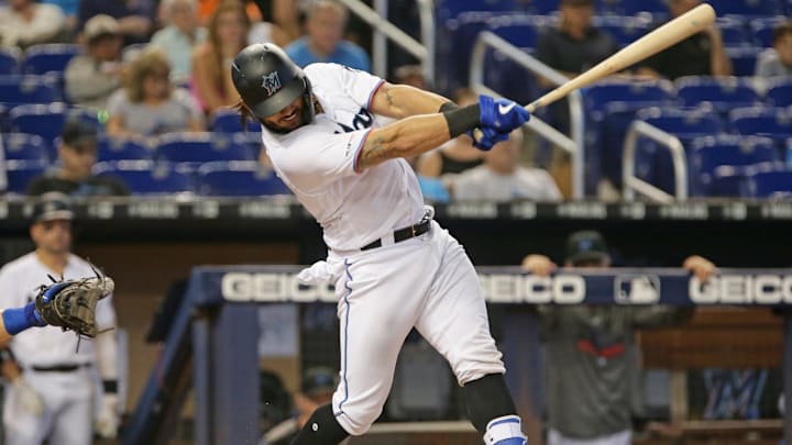 Sep 8, 2019; Miami, FL, USA; Miami Marlins catcher Jorge Alfaro (38) connects for an hit against the Kansas City Royals in the fourth inning at Marlins Park. Mandatory Credit: Sam Navarro-Imagn Images
