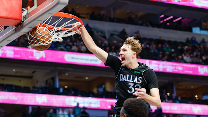 Dec 6, 2025; Dallas, Texas, USA; Dallas Mavericks forward Cooper Flagg (32) dunks Dec 6, 2025; Dallas, Texas, USA; Dallas Mavericks forward Cooper Flagg (32) dunks