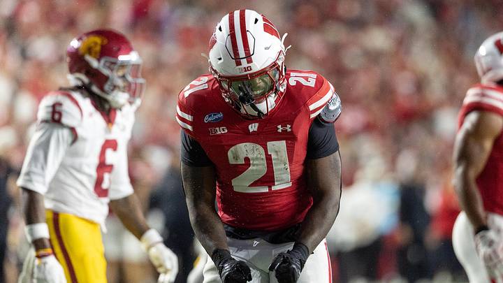 Oct 24, 2026; Madison, Wisconsin, USA;  Wisconsin Badgers running back Bryan Jackson II (21) celebrates after a run against the USC Trojans during the second half at Camp Randall Stadium.  Mandatory Credit: Anthony Wahl-Imagn Images