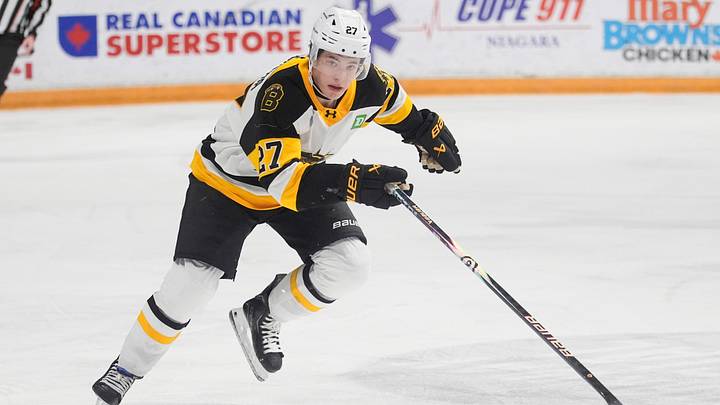 ST CATHARINES, CANADA - JANUARY 18: Caleb Malhotra #27 of the Brantford Bulldogs skates against the Niagara IceDogs at Meridian Centre on January 18, 2026 in St Catharines, Canada. (Photo by John E. Sokolowski/Getty Images)