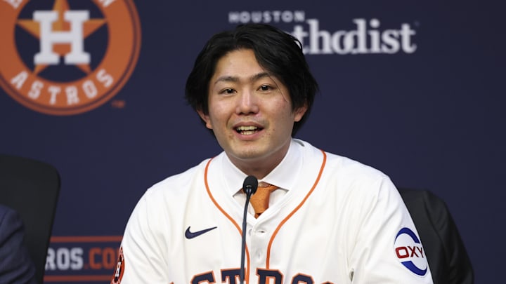 Jan 5, 2026; Houston, TX, USA; Houston Astros pitcher Tatsuya Imai talks during a press conference at Daikin Park. Mandatory Credit: Troy Taormina-Imagn Images Jan 5, 2026; Houston, TX, USA; Houston Astros pitcher Tatsuya Imai talks during a press conference at Daikin Park. Mandatory Credit: Troy Taormina-Imagn Images