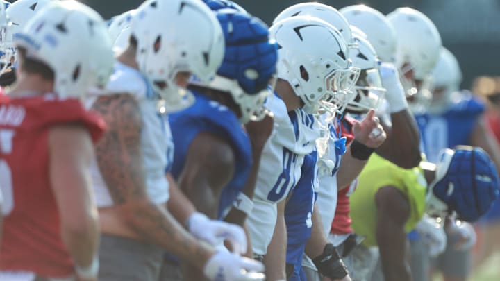Kansas football players line up during warmups at the Murfin Family Practice Fields on Aug. 8, 2025.