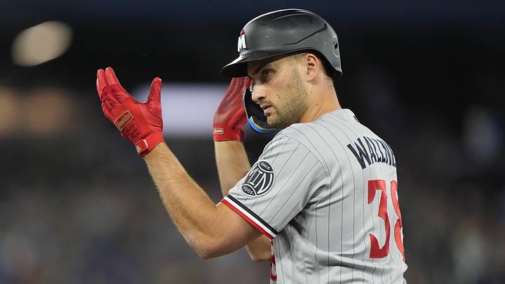 Apr 12, 2026; Toronto, Ontario, CAN; Minnesota Twins right fielder Matt Wallner (38) reacts after hitting a one run single against the Toronto Blue Jays during the third inning at Rogers Centre. Mandatory Credit: John E. Sokolowski-Imagn Images