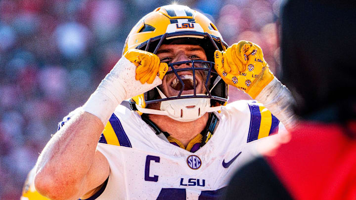 LSU linebacker Whit Weeks (40) gestures toward the crowd after a turnover during a college football game between Ole Miss and LSU at Vaught-Hemingway Stadium in Oxford, Miss., on Saturday, Sept. 27, 2025.