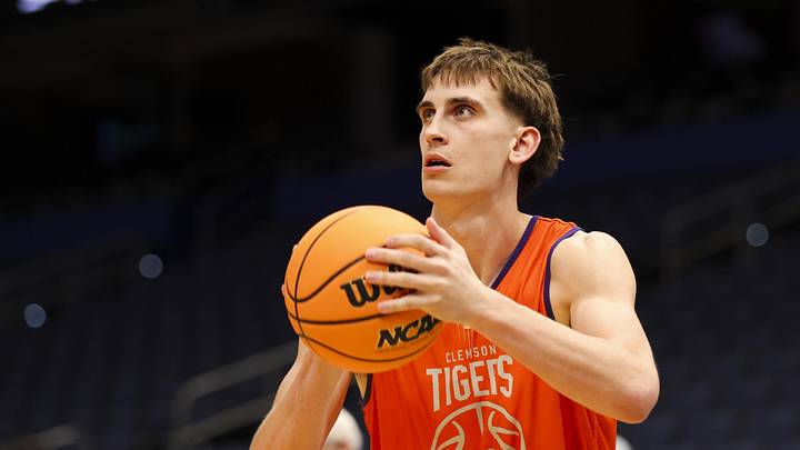 Mar 19, 2026; Tampa, FL, USA; Clemson Tigers forward Jake Wahlin (10) participates in a practice session ahead of the first round of the men's 2026 NCAA Tournament at Benchmark International Arena. Mandatory Credit: Nathan Ray Seebeck-Imagn Images