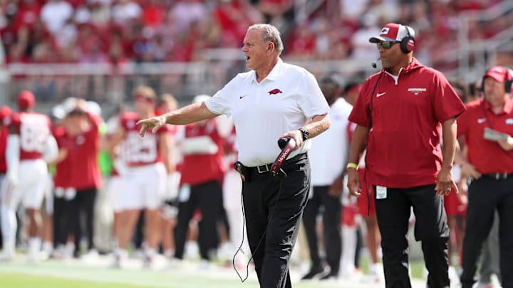 Sep 14, 2024; Fayetteville, Arkansas, USA; Arkansas Razorbacks head coach Sam Pittman reacts after a play in the first quarter against the UAB Blazers at Donald W. Reynolds Razorback Stadium. Mandatory Credit: Nelson Chenault-Imagn Images