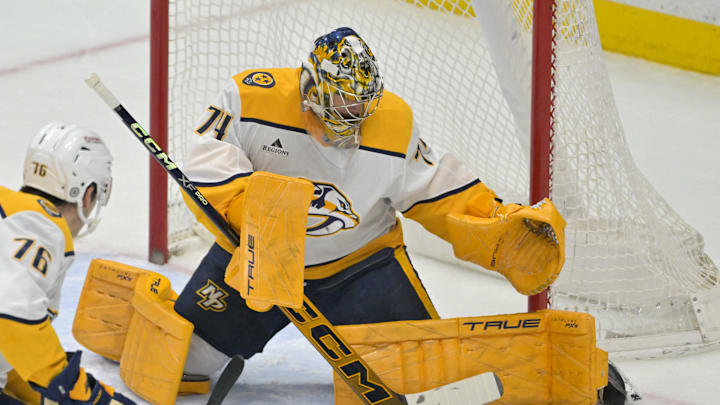 Jan 25, 2025; Anaheim, California, USA; Nashville Predators goaltender Juuse Saros (74) makes a save in the first period against the Anaheim Ducks at Honda Center. Mandatory Credit: Jayne Kamin-Oncea-Imagn Images