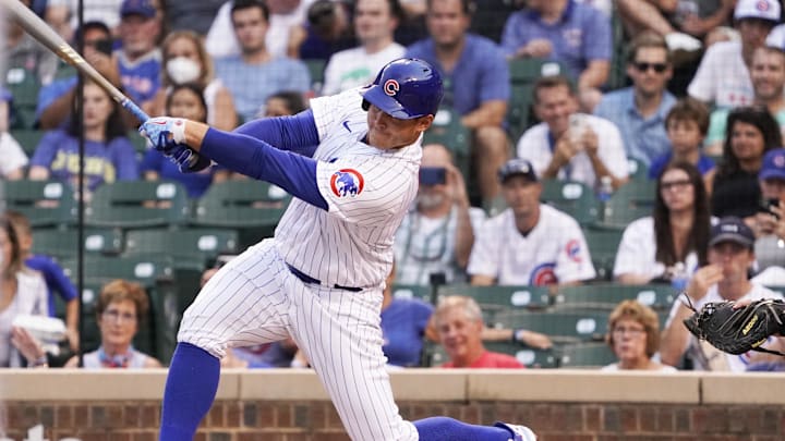 Chicago Cubs first baseman Anthony Rizzo (44) hits a double against the Cincinnati Reds during the first inning at Wrigley Field in 2021. Chicago Cubs first baseman Anthony Rizzo (44) hits a double against the Cincinnati Reds during the first inning at Wrigley Field in 2021.