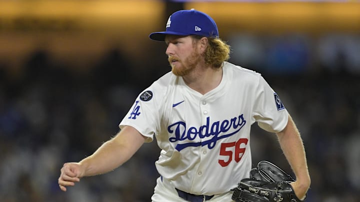 Apr 25, 2025; Los Angeles, California, USA;  Los Angeles Dodgers relief pitcher Noah Davis (56) delivers to the plate in the seventh inning Pittsburgh Pirates at Dodger Stadium. Mandatory Credit: Jayne Kamin-Oncea-Imagn Images