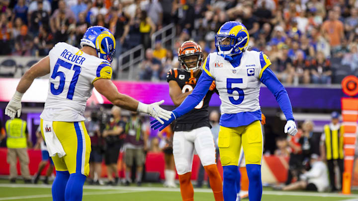 Feb 13, 2022; Inglewood, CA, USA; Los Angeles Rams linebacker Troy Reeder (51) celebrates a play with cornerback Jalen Ramsey (5) against the Cincinnati Bengals during Super Bowl LVI at SoFi Stadium. Mandatory Credit: Mark J. Rebilas-Imagn Images